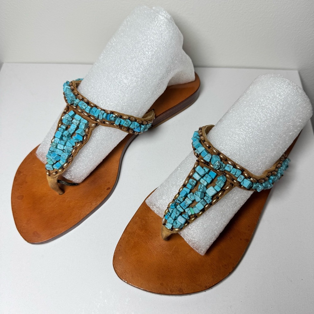 Mystique Size 9 Turquoise Gold Copper‎ Beaded Stone Leather Thong Sandals Boho